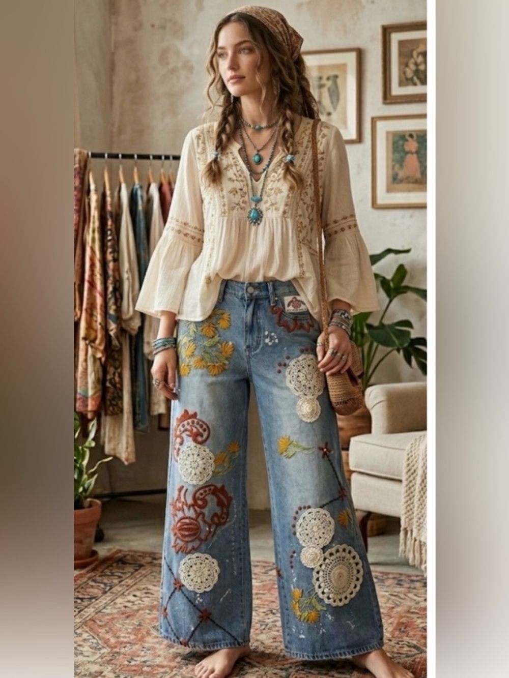 Oli & Hali Blue Denim Wide Leg Jeans with White Crochet & Mustard Embroidery - Picture 3 of 7